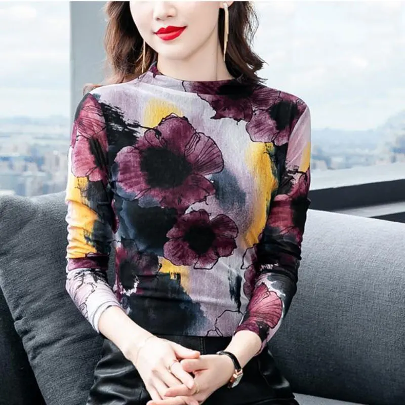 Stylish Casual Floral Printed Contrasting Colors T-shirt Spring Autumn Elegant Slim All-match Female Half High Collar Pullovers