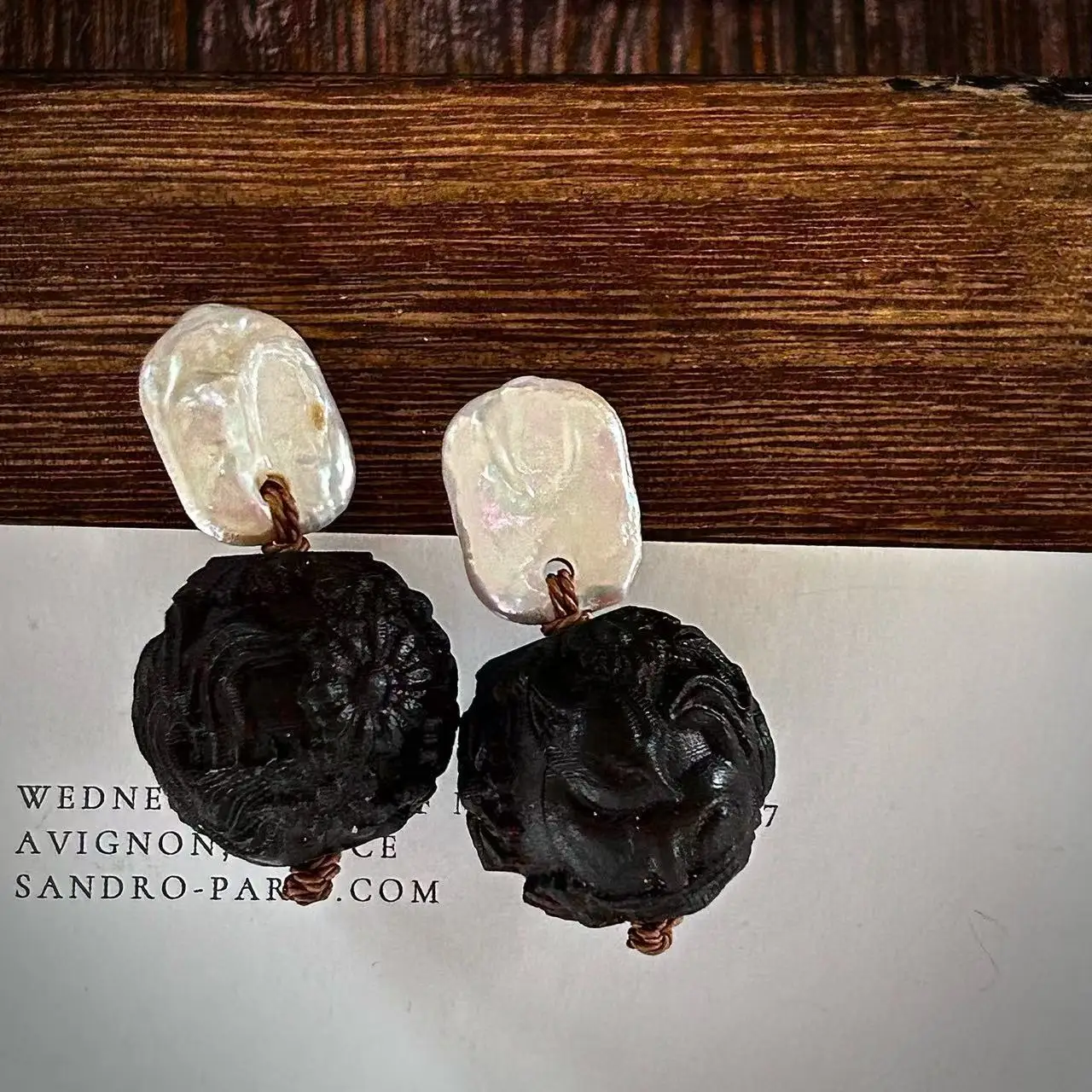 Monies wind natural agarwood carved fox flower ball baroque pearl exaggerated wood stud earrings handmade earrings