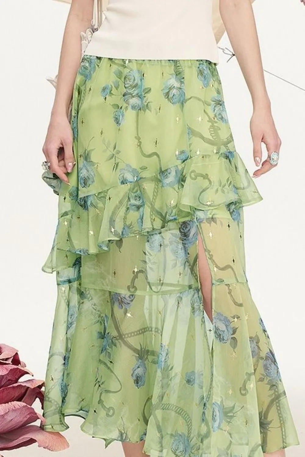 

Rose Print Chiffon Skirt High Waist Flowy Midi Skirt Women Summer Ruffle Hem A Line Skirt Vintage Floral Fairycore Party Dress