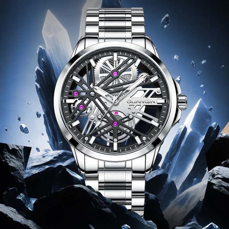 

GUANQIN Роскошные мужские кварцевые часы со скелетом, дизайн в стиле шестерни, корпус из нержавеющей стали, водонепроницаемые светящиеся часы для отдыха 30 м