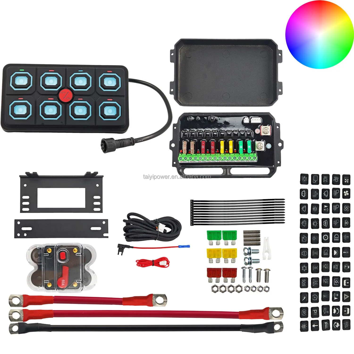 8 sets of RGB switch panel touch control toggle instantaneous pulse 3 mode 12-24V 60A car truck SSR circuit control relay box