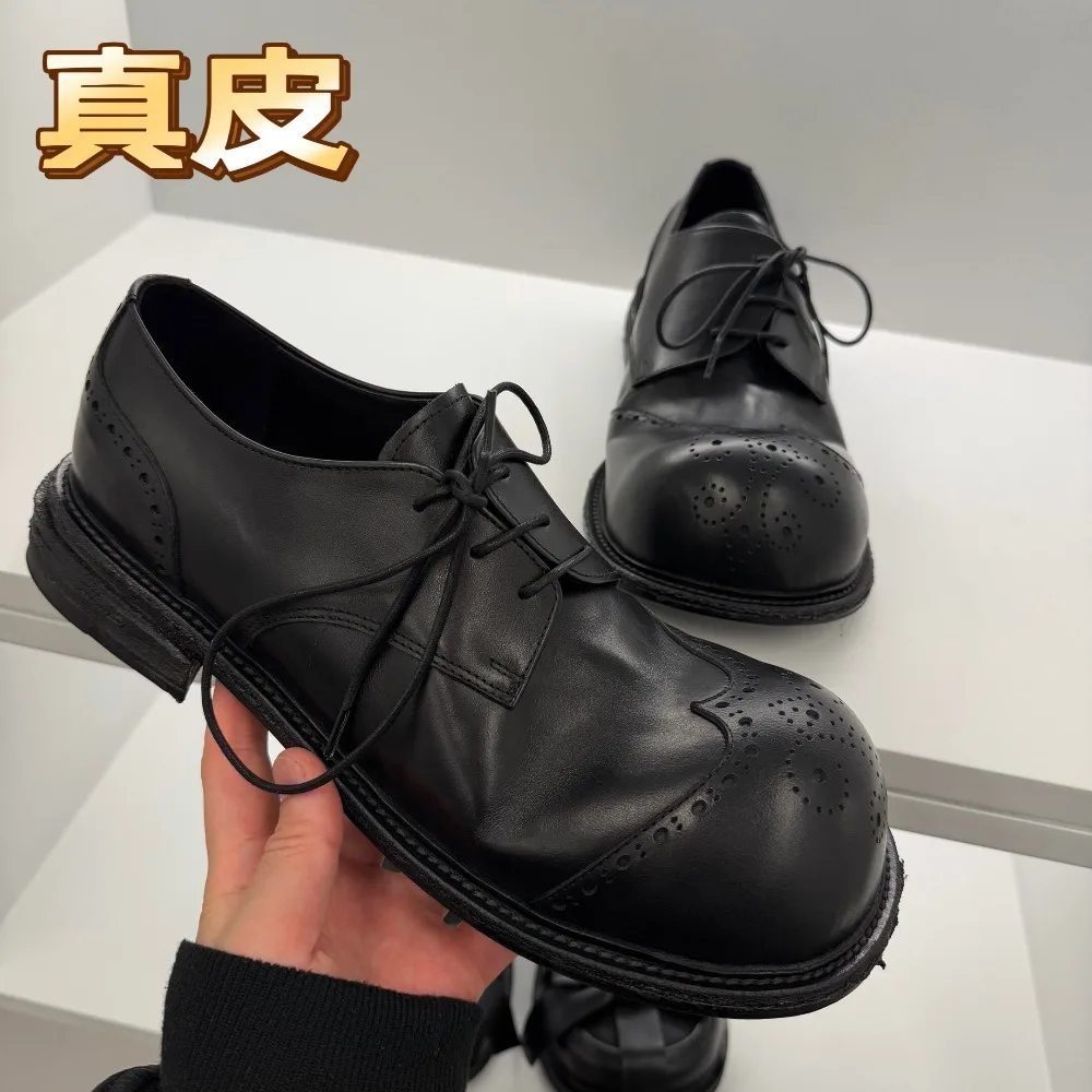 

Black Genuine Leather Derby Shoes for Women Thick Soled Big Round Toe Brogue Shoes Designer Trendy Casual Men's Loafers