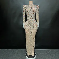 Sparkly pearl Rhinestone Transparent Long Dress Evening Birthday Celebrate Party Luxurious Costume Dancer Flashing Dress