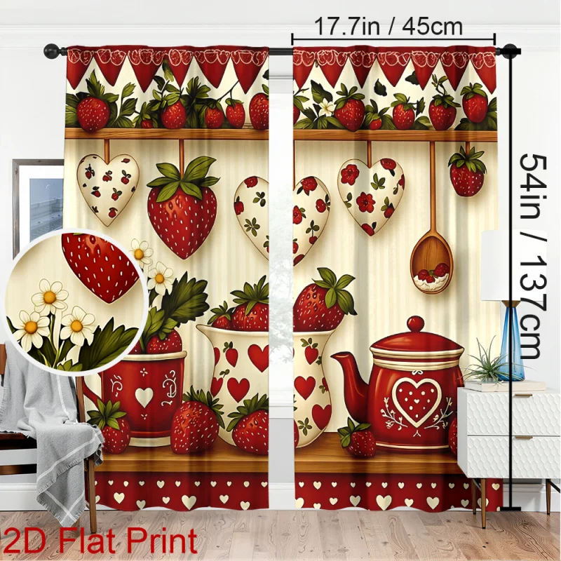 VIKAMA 1/2Pcs Strawberry Blackout Rod Pocket Curtain, Heart Leaves Print Polyester For Living Room Kitchen Bedroom