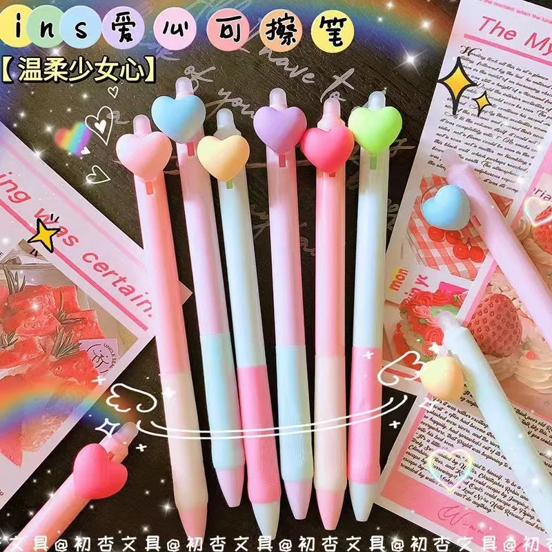 

Kawaii канцелярские товары, оптовая продажа, 36 шт., стираемые ручки с синими чернилами для письма, гелевые ручки с миндальным сердцем, школьные принадлежности, милая стираемая ручка