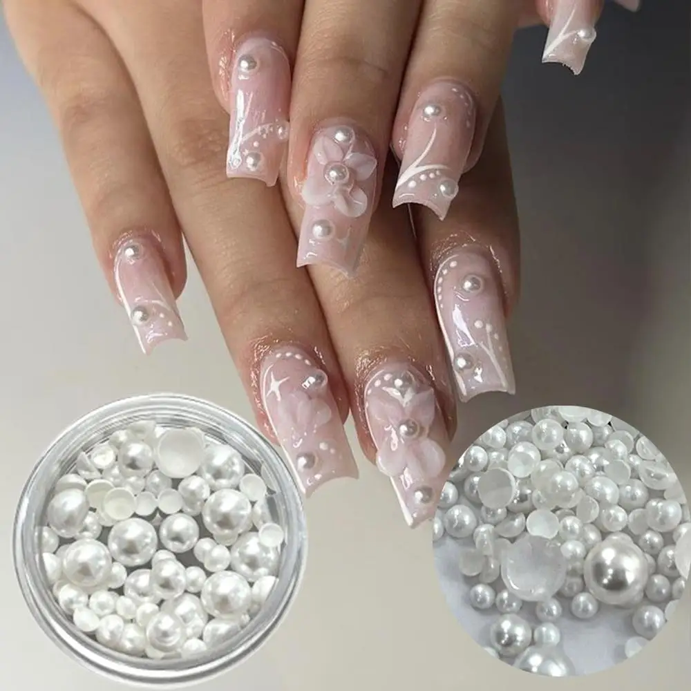 1 scatola di ciondoli per unghie con perle semicircolari 3D multi-dimensioni eleganti perle bianche con retro piatto decorazioni per unghie accessori per manicure 1