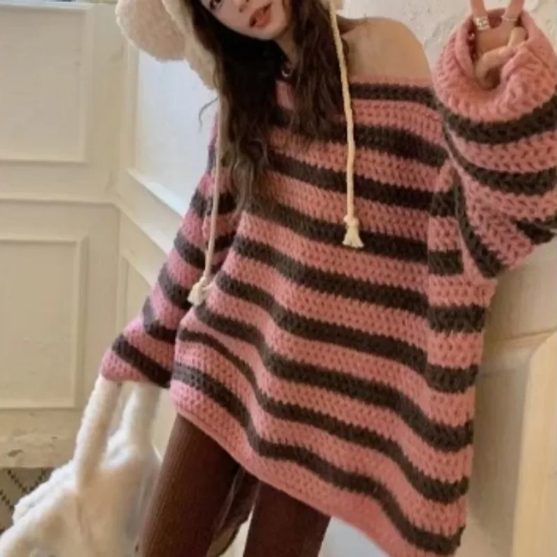 Striped Pullovers Women Loose O-neck Pullover Long Sleeve Knitted Sweaters Vintage Temperament Design Cozy Casual Fashion New