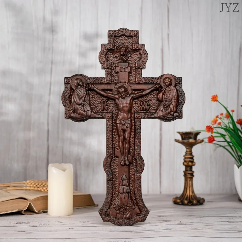 Vintage Jesus Wall Wooden Cross, Orthodox Icon, Christian Home Decoration, Religious Statue Saint