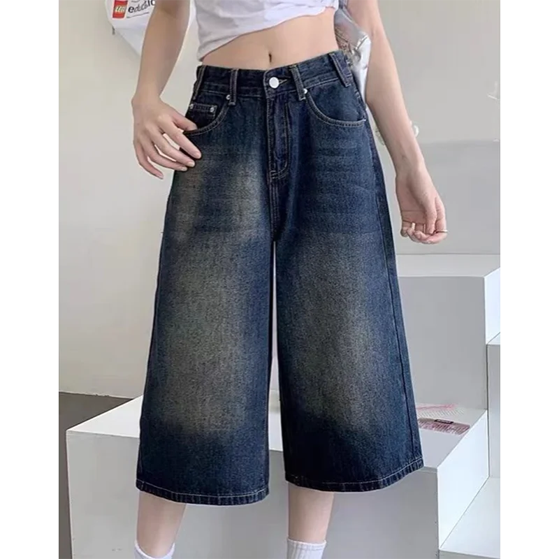 American Vintage Blue Calf Length Jeans Summer High Waist Loose Casual Wide Leg Pants Harajuku Y2K Classic Washed Denim Pants