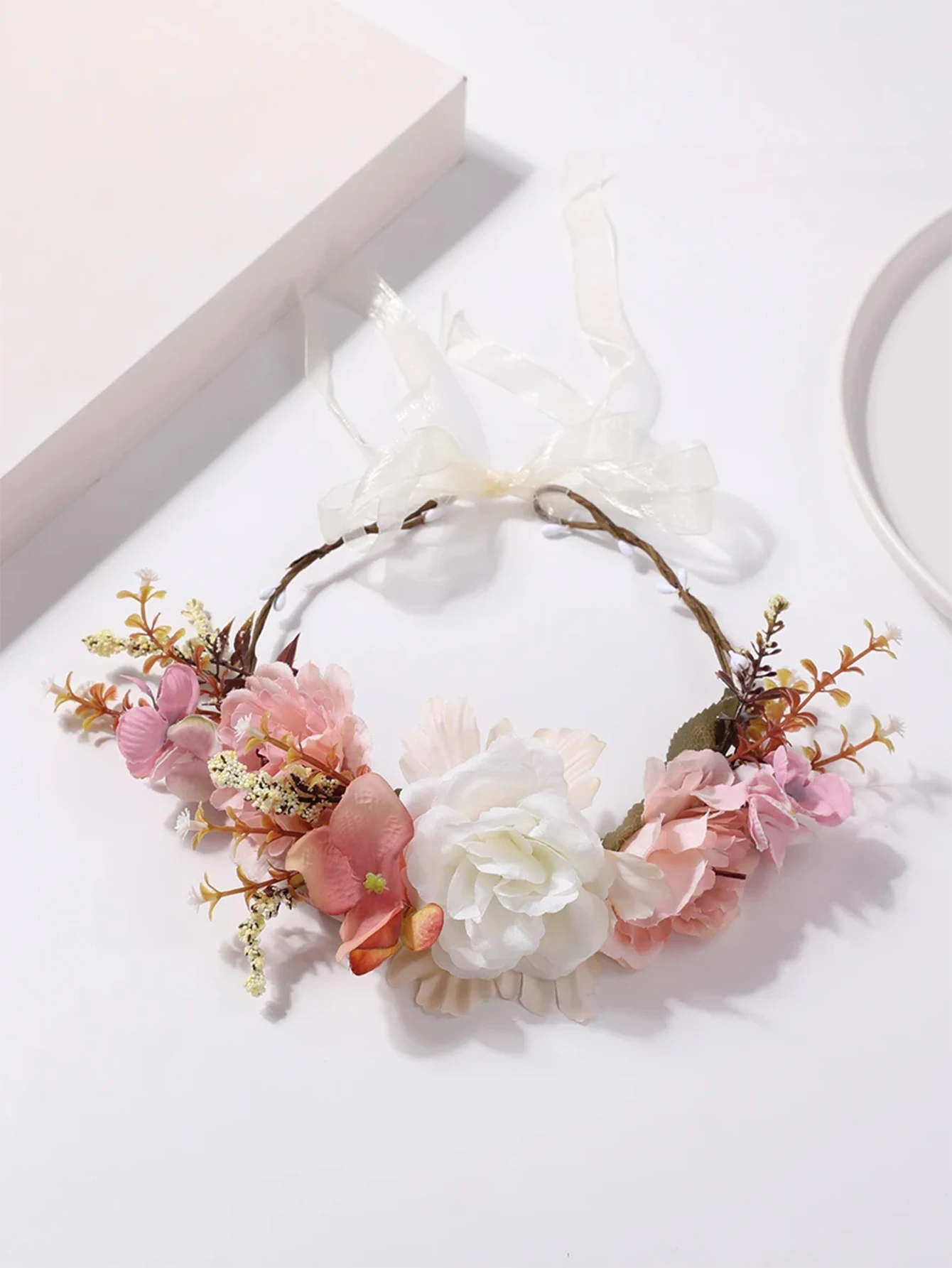 Pink white flower wreath hair hoop fairy aura headwear retro forest style flower wreath headwear accessories