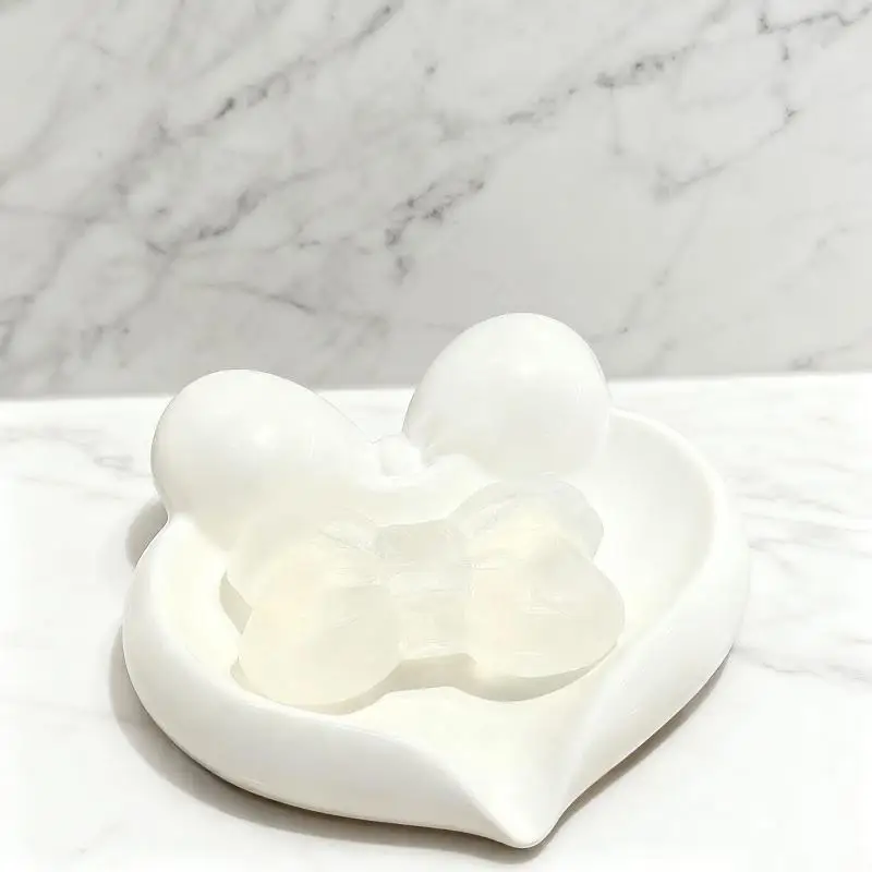 Cute Bow Heart Shaped Ceramic Soap Dish With Self Draining Design For Bathroom Vanity Sink Countertop Home Decor