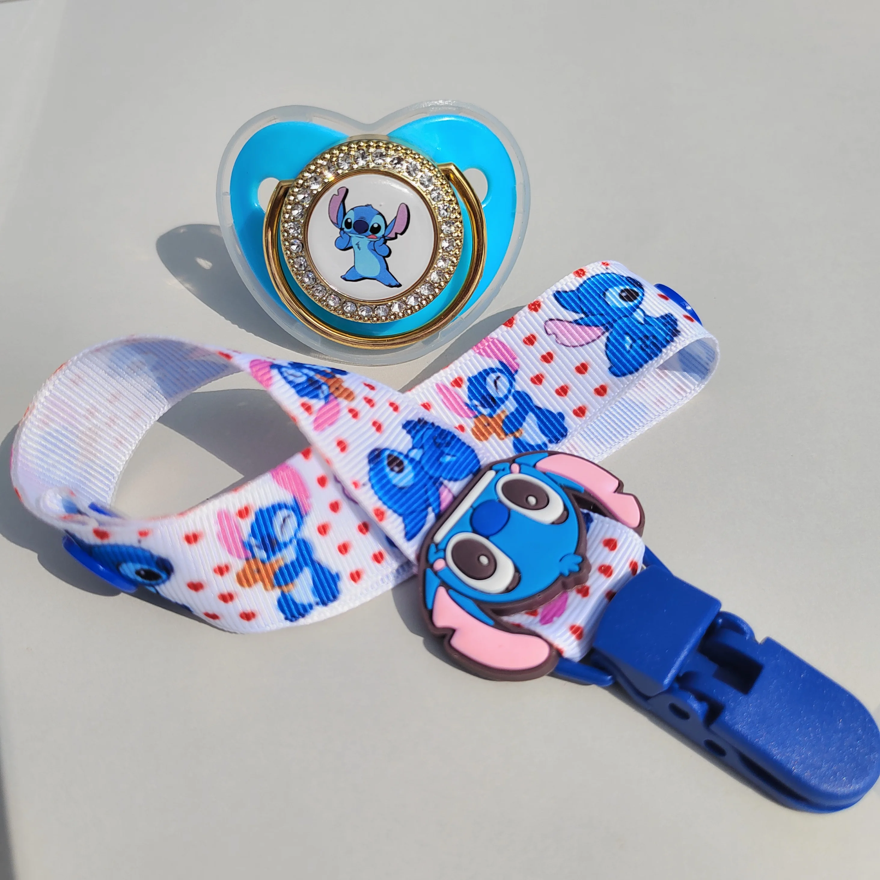 Disney Kawaii Accessories Stitch Cartoon Print Tetine Pacifier Clip Holder Infant Toys 0-18 Months Chew Necklace Sensory Tools