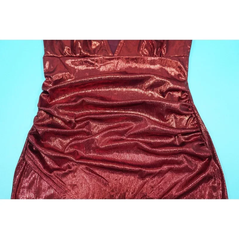 GUWU Damska Seksowna Sukienka Wieczorowa z Wysokim Rozcięciem Dekolt V Długi Rękaw Sukienka Maxi Modna Marszczona Sukienka na Imprezę Nocną