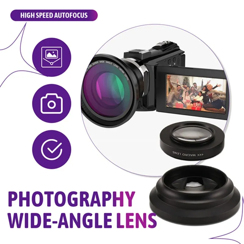 Professional 37mm Macro+72mm Wide Angle Lens 0.39X Full HD for 4K Camcorder-A62I