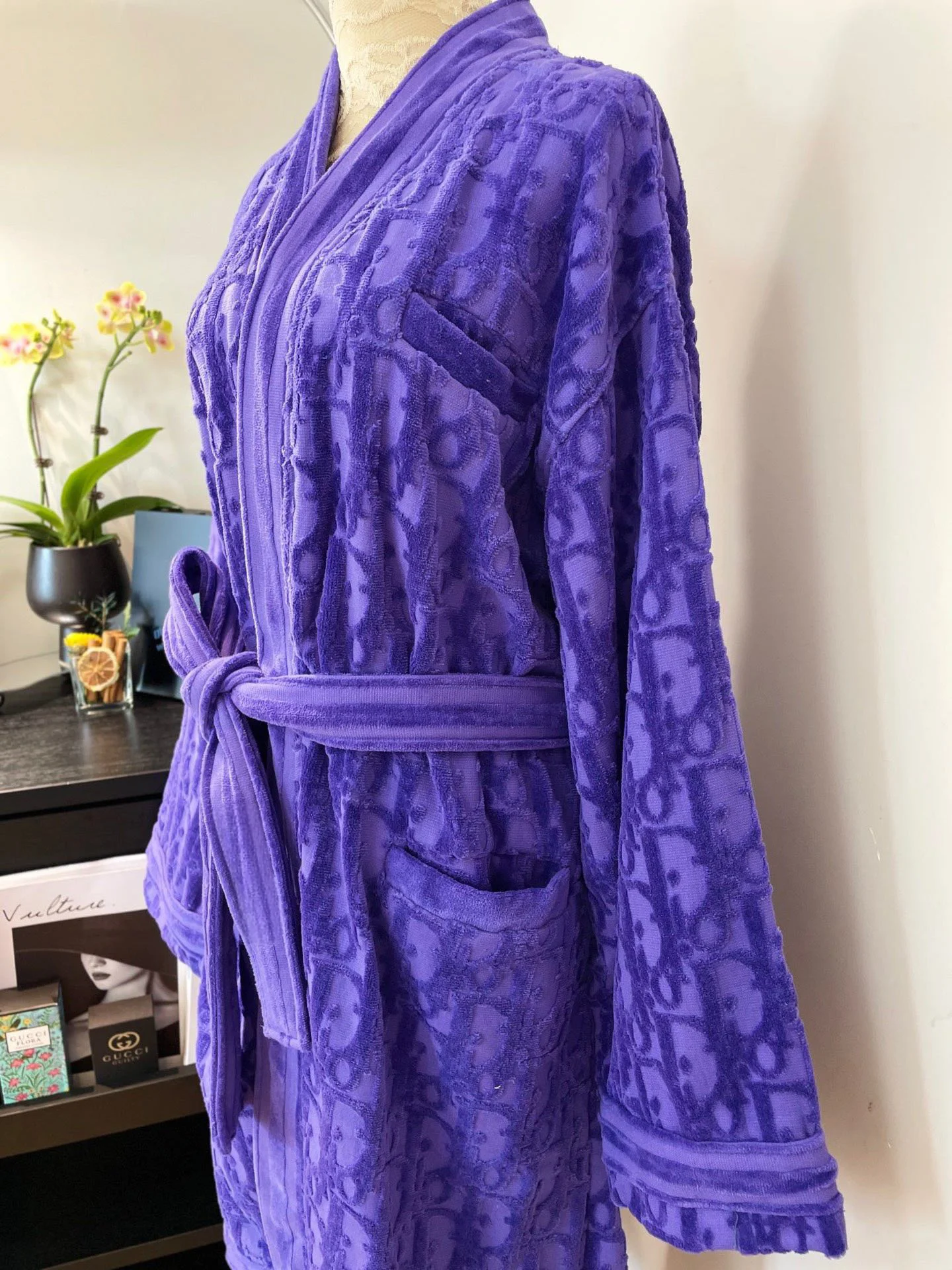 Cozy Purple Embossed Pattern Robe - Autumn Winter Bathrobe with Sash Tie & Pockets, Unisex Couple Homewear