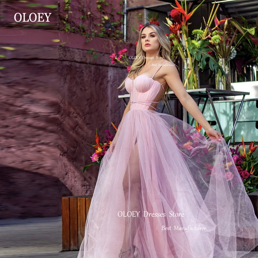 

OLOEY Sexy Spaghetti Straps Tulle Long Prom Dresses Criss Cross Straps Party Dress Dubai Women Beach Formal Evening Gowns