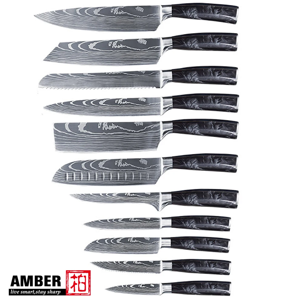 العنبر جاهز للشحن دمشق الليزر نمط سكين الطاهي عالية الكربون S/S 4Cr13 سكاكين المطبخ سكين Santoku في الراتنج الأسود HD