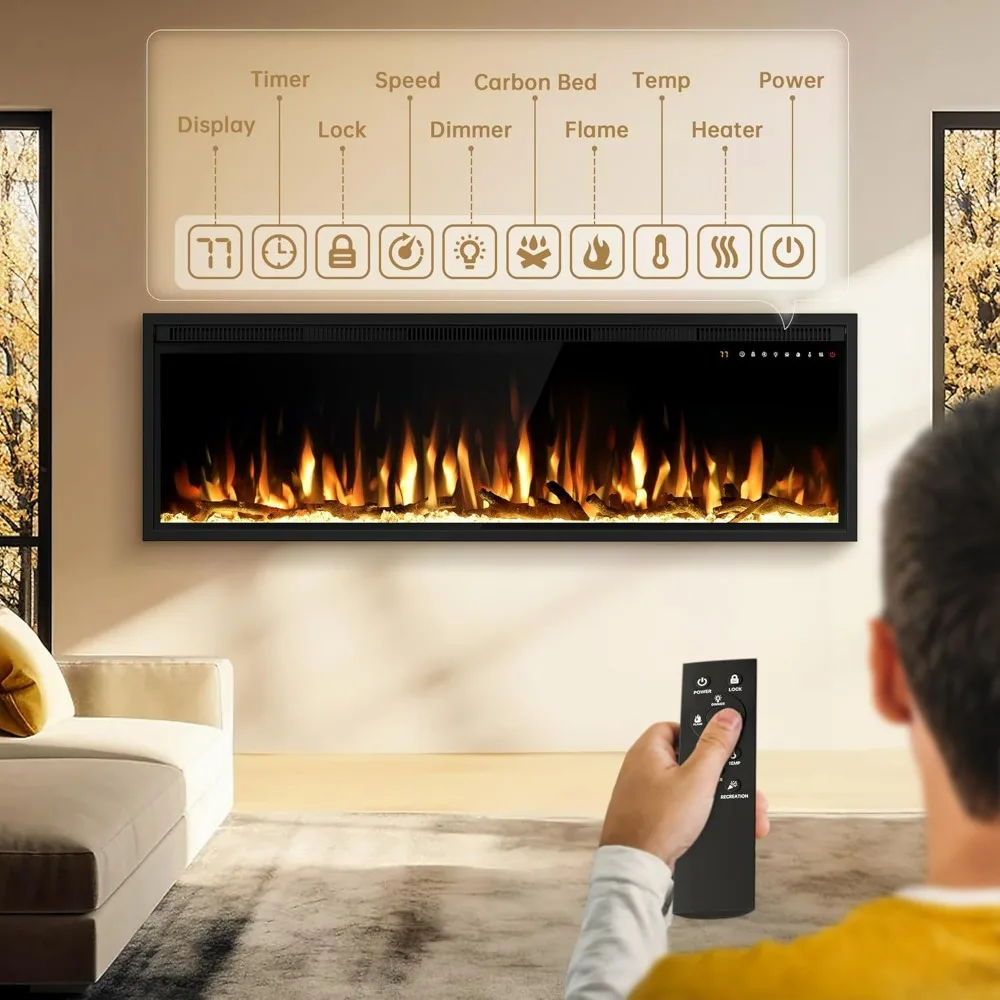 Calentador de chimenea eléctrico inteligente compatible con WiFi de 50 ", 13 colores de llama ajustables, chimeneas lineales empotradas en la pared y montadas en la pared