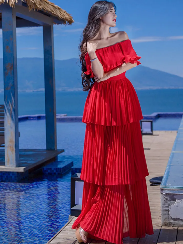 

Fashion Summer Runway Beach Dress Women Sexy Off The Shoulder Cascading Ruffle Pleated Mid-Calf Red White Long Dresses