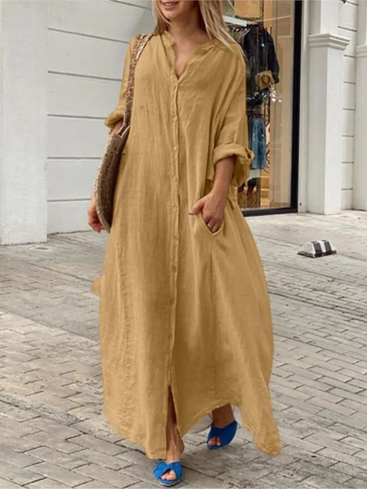 2024 Spring Autumn Women\'s New Casual Pocket Shirt Collar Long Skirt Casual Cotton Linen Loose Comfortable Dress
