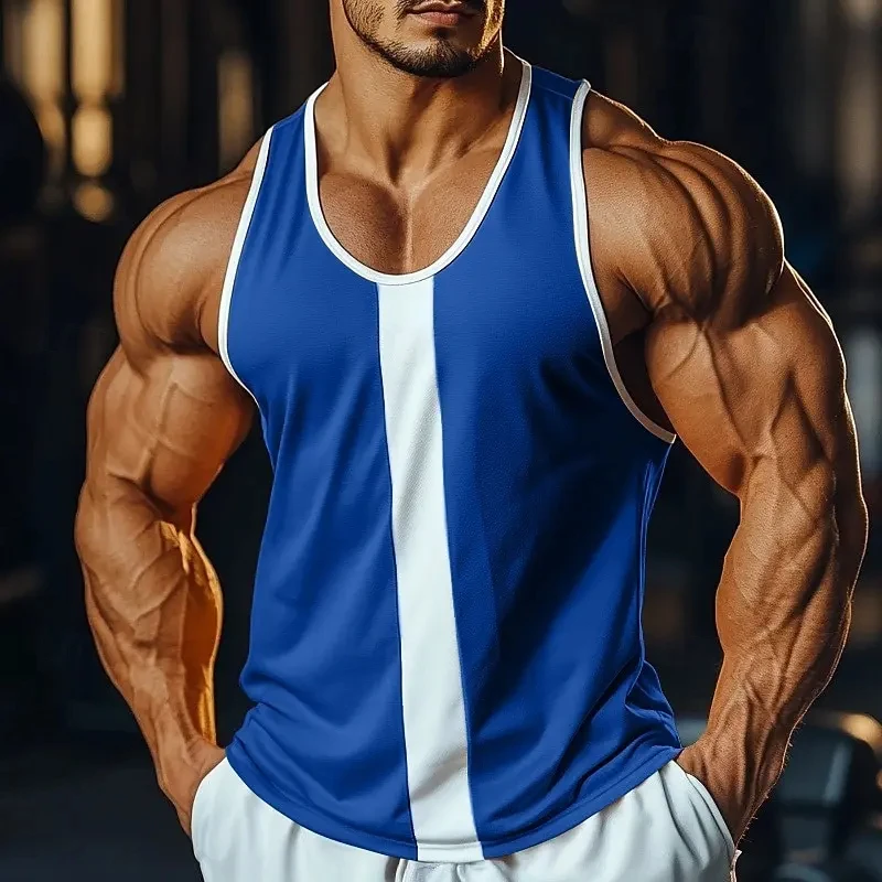 Simple Design Patchwork 3D Print Tank Tops Men Fashion Vest Oversized Sleeveless Tank Top Bodybuilding Fitness Gym Man Clothing
