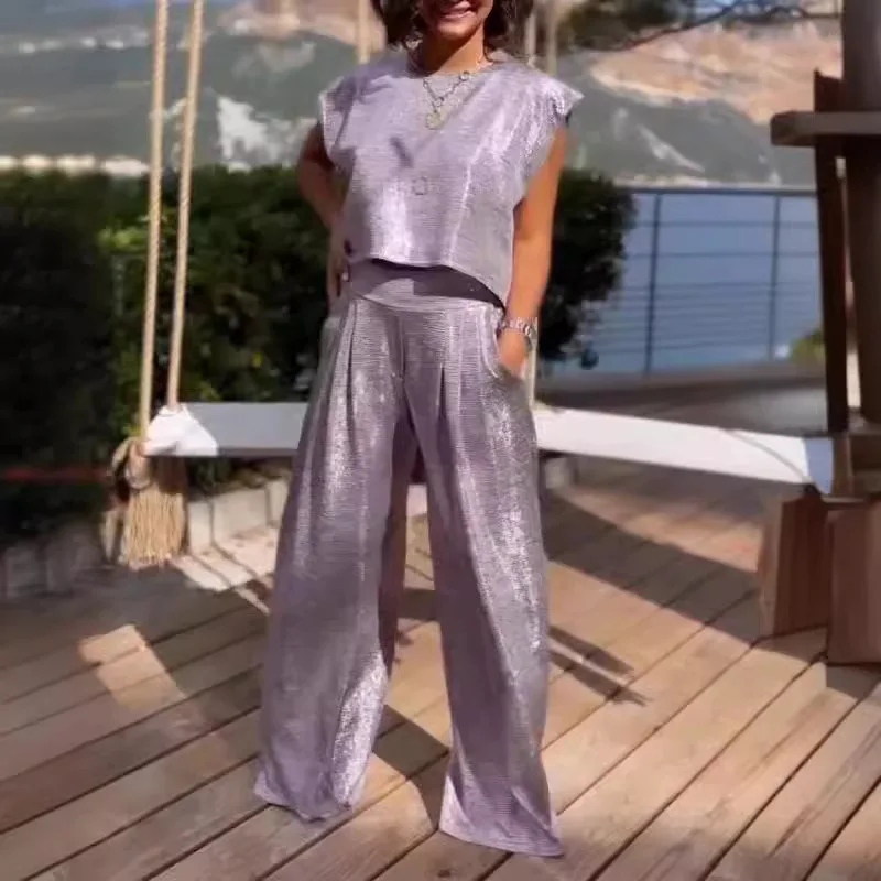 

Sets Womens 2 Piece Outfit Round Neck Sleeveless Glossy Vest Wide Leg Trousers Two-piece Set Women's Beach Vacation Sports Suit