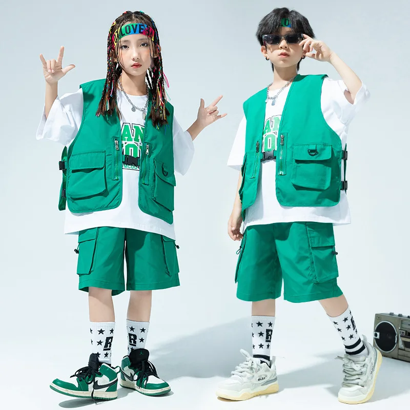 

Kid Hip Hop Clothing Green Sleeveless Jacket Vest Top T Shirt Casual Summer Cargo Shorts for Girl Boy Jazz Dance Costume Clothes