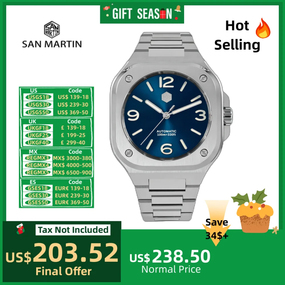 San Martin 40mm Square Business Watch Mechanical Watches For Men Self Winding Wirstwatch Waterproof 10Bar Casual Sapphire SN0074