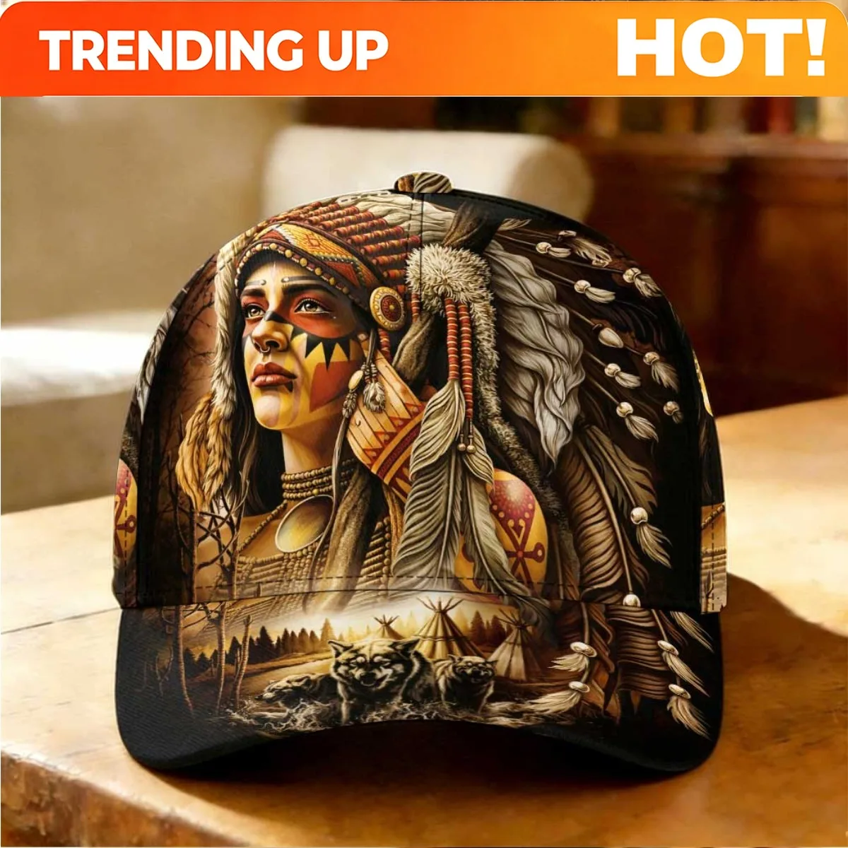 Customization Tribal Spirit Wolf Pattern Baseball Cap, Curved Brim Cap, Christmas Gift, Sporting Event, Skateboarding, Birthday