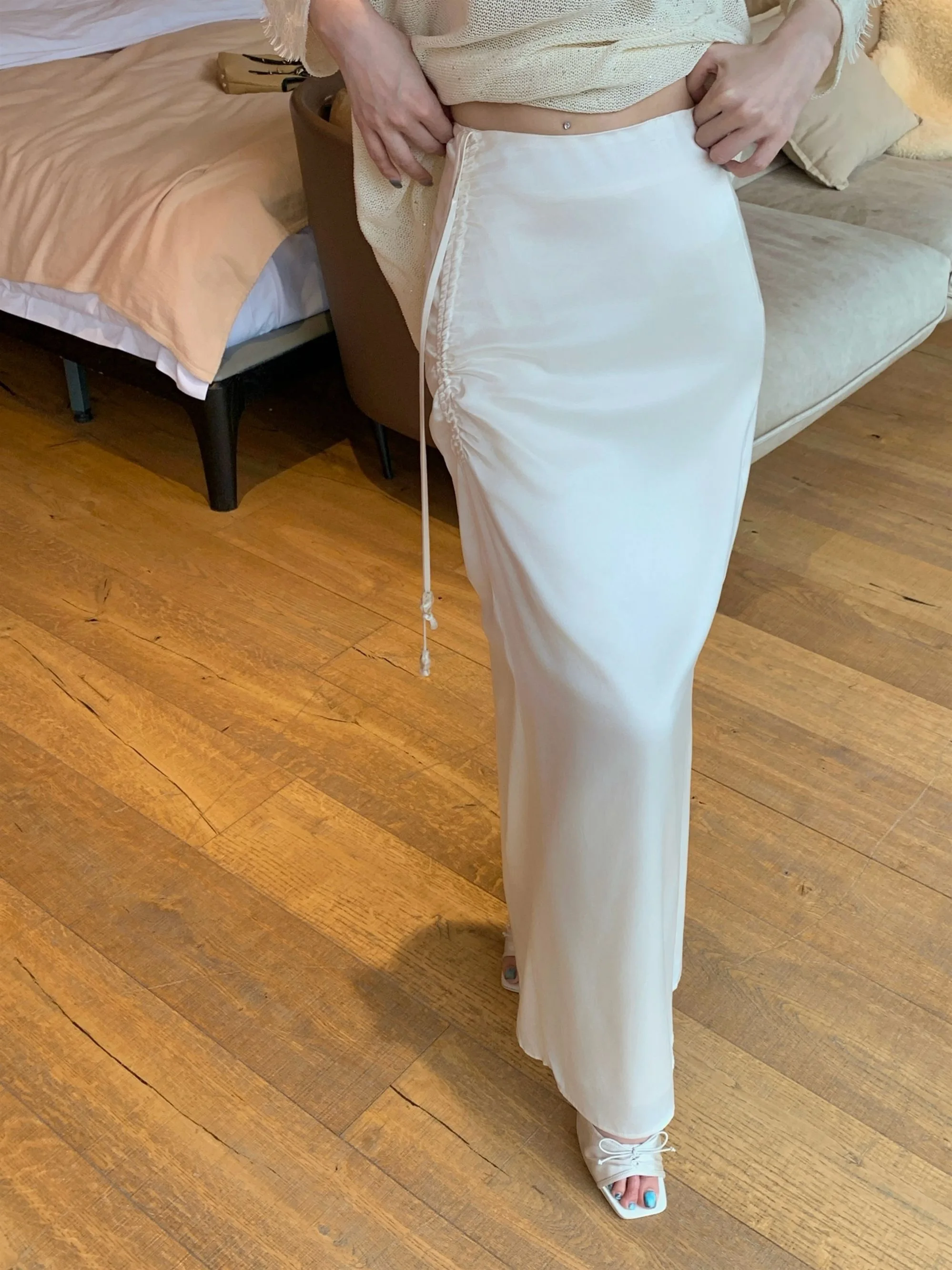 

Элегантная женская юбка-миди из медного аммиачного шелка с разрезом и оборками, модель AL5HSQ, H-образный силуэт, для зрелых женщин