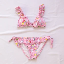 2026 Unicorn Print Girls Bikini Set Teenager Swimwear Ruffle Bandage Style Three Color Beach Wear With Padded