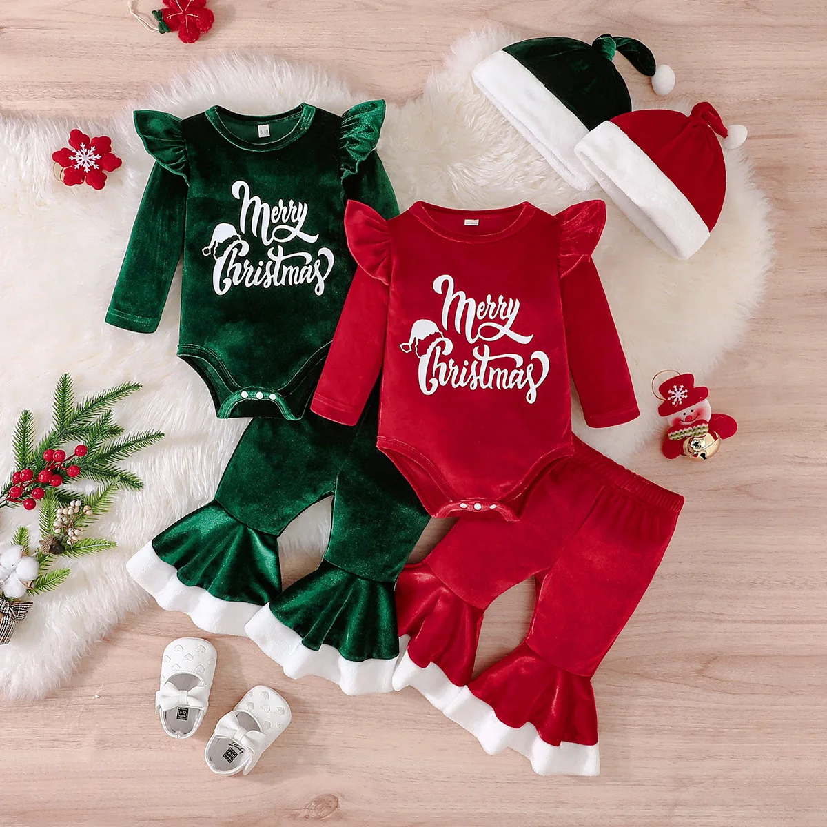 3Piece Autumn Winter Baby Girl Outfit Set Christmas Cute Letter Fleece Long Sleeve Bodysuit+Flare Pants Newborn Clothes BC659