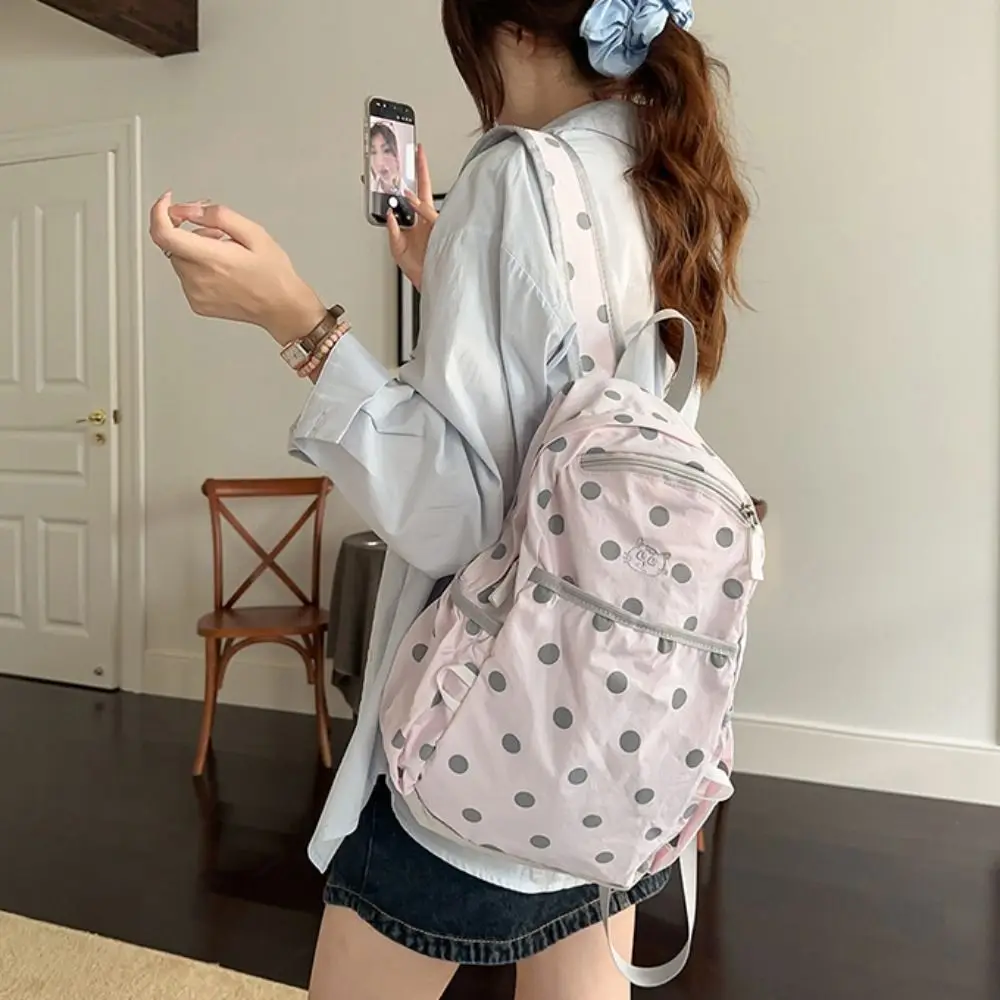 Cute Sweet Polka Dot Backpack Minimalist Large Capacity Nylon Rucksack Durable Lightweight Student School Bag Outdoor Use