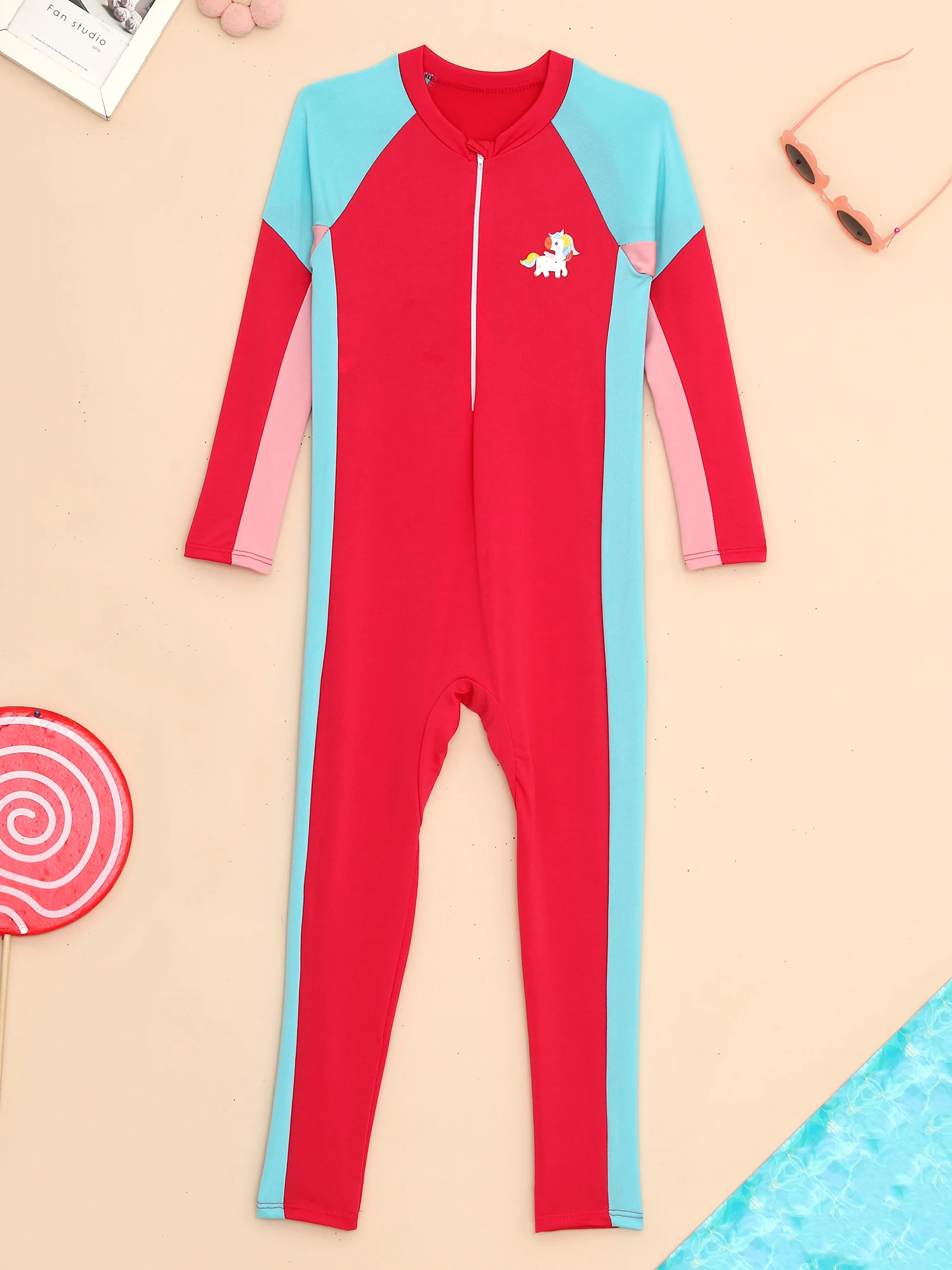 Costume da bagno intero per bambina costume da bagno a maniche lunghe con cerniera ad asciugatura rapida costume da bagno sportivo da spiaggia per tutto il corpo