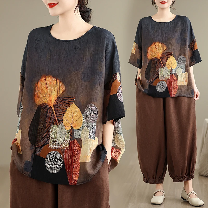 

Women's plus Size T-irt Ethnic Sle Batwing Sve round Ne Base irt Loose Fit Faionable Spring Summer New Arrival
