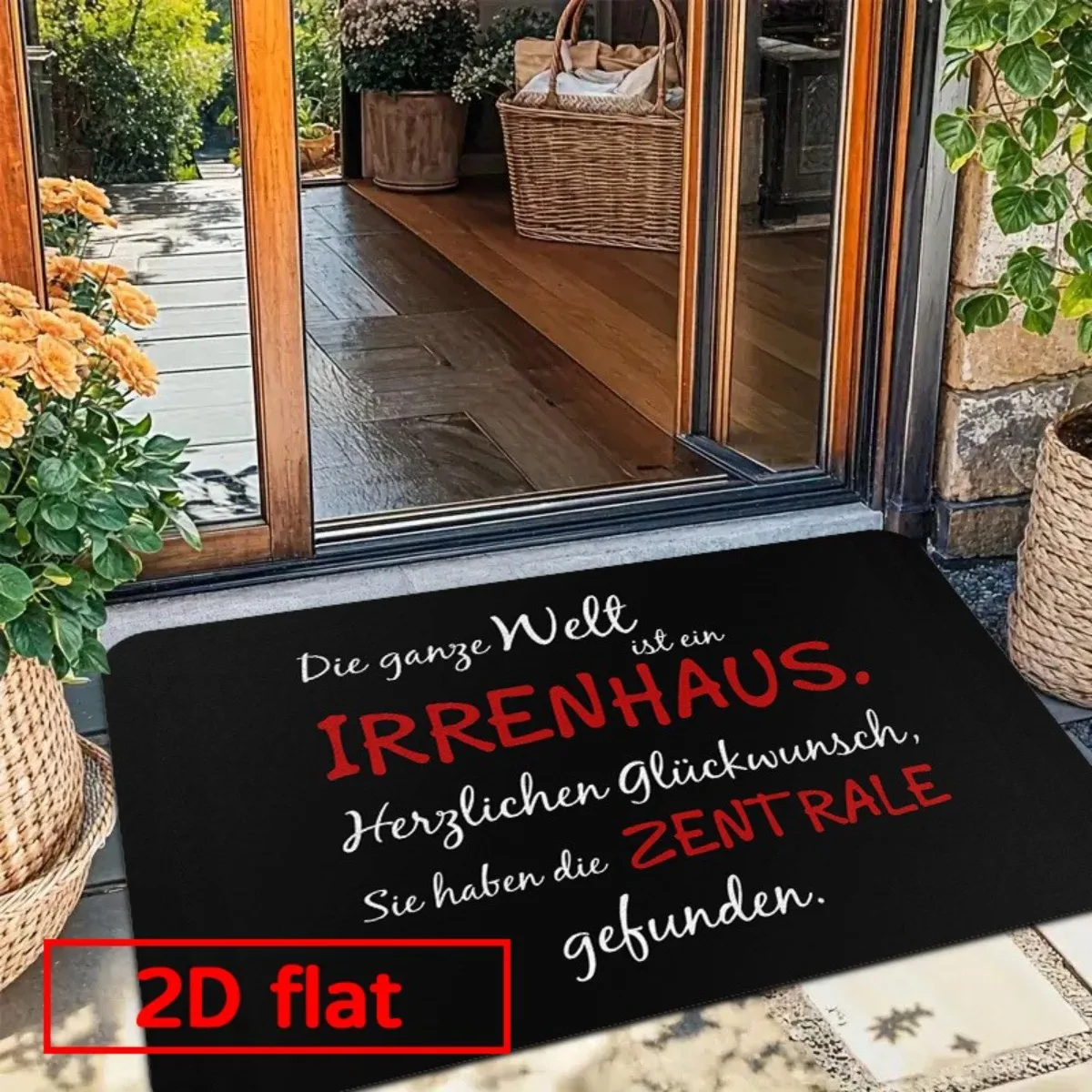 2D Flat German Quote Text Printed Door Mat, Black Funny Slogan Decor, Indoor Outdoor Entryway Floor Mat