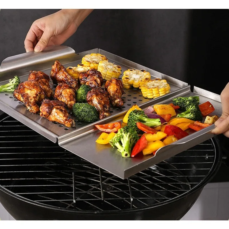 Stainless Steel Griddle Grill Pan 2-in-1 Stove Top Grill Plate Grilled Pan Vegetable Plate Grill Barbecue Trays Outdoor Grilling