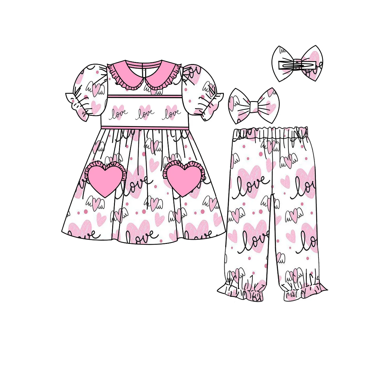 

Boutique Toddler Girls Valentine's Day Outfit Heart Love Print Pants Set Heart Pocket Ruffle Sleeve Casual Clothes