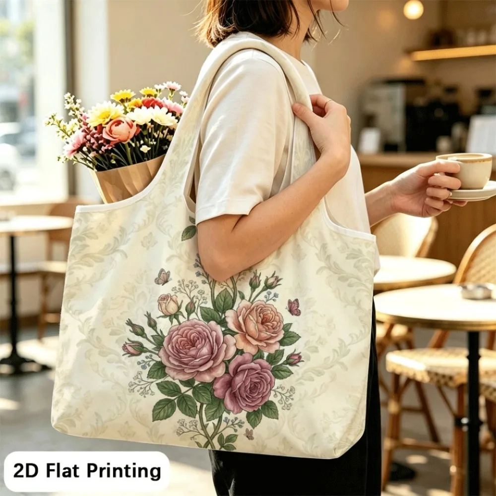 Vintage Rose Butterfly Light foldable tote shoulder bag, your go‑to student bag.