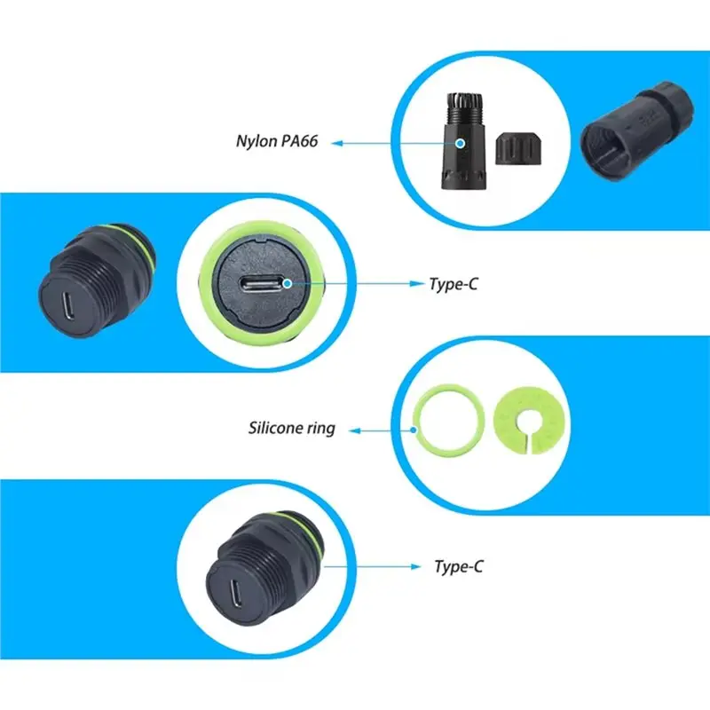 PORK-USB Type-C 3.1 Version 10Gbps IP68 Waterproof Single Port Straight Connector For Outdoor Use M20 Mounting Base Mother Seat