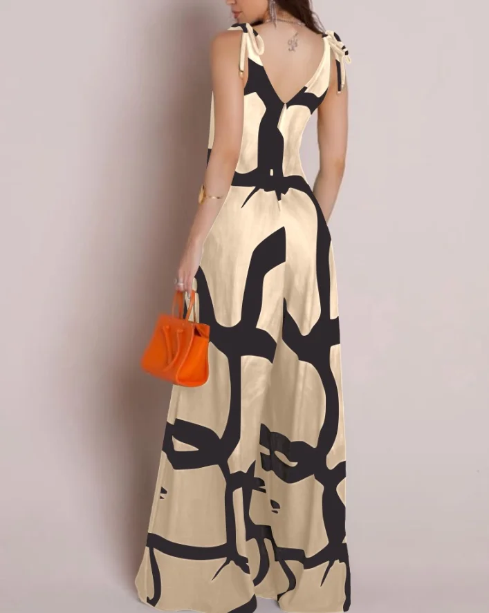 Geometric Print V-Neck Shoulder Strap Sleeveless Jumpsuit for Women's Summer Elegant Casual Pocket Design Zipper Jumpsuit