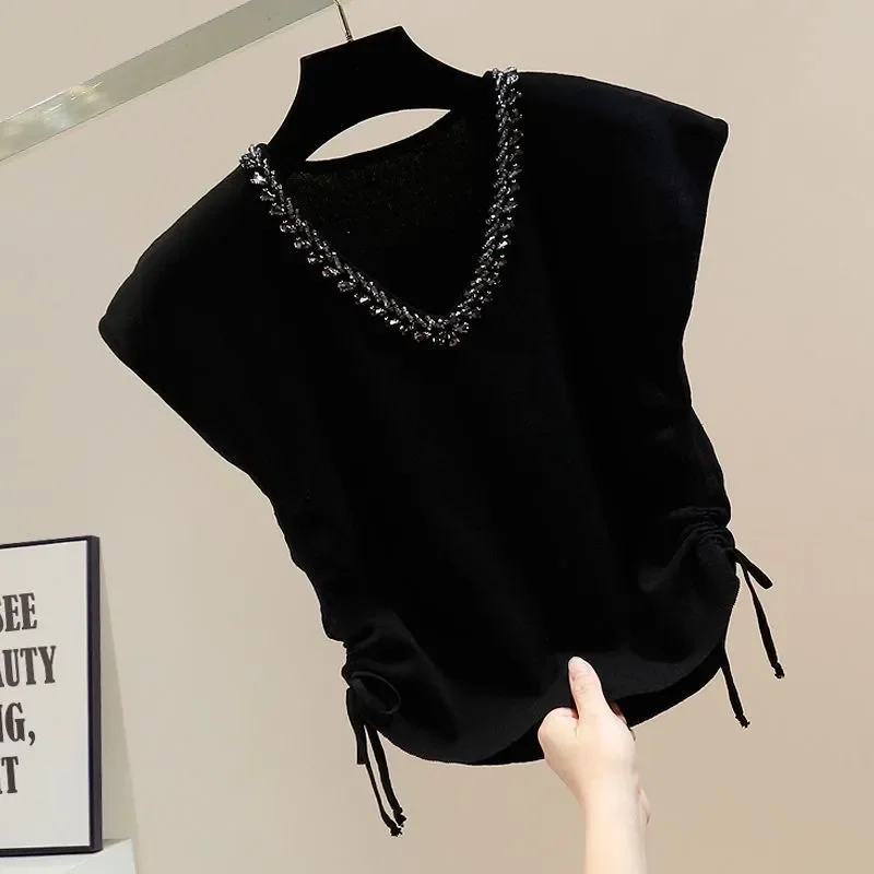 

Burgundy Backless Drawstring Shiny Diamante T-shirt Summer Women Crop Tops Knit Tees Thin Design Knitwear Office Lady Tops New