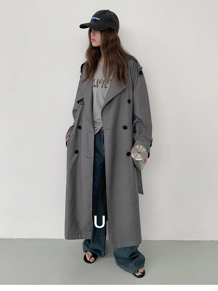 Lautaro Spring Autumn Oversized Khaki Long Grey Trench Coat for Women Double Breasted Loose Casual Korean Fashion Overcoat 2024 24 Sedc1e16d657a4c10812e98aa3b35c1f6S
