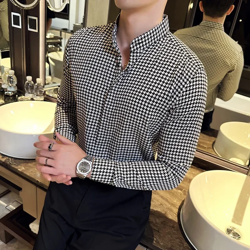 Luxury Black White Plaid Shirt 2023 Autumn New Mens Long Sleeve Business Slim Fit Casual Shirt Homme Social Formal Wear Blouses