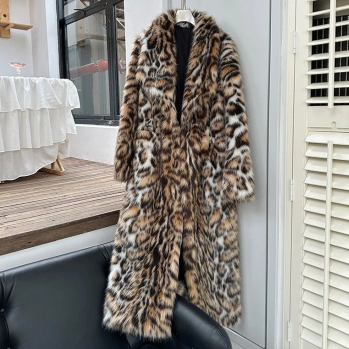 Mantel Bulu Imitasi Wanita Model Panjang Motif Leopard Kerah Lipat Bulu Tebal Outerwear Jahitan Terbuka Y2k Longgar Musim Gugur Musim Dingin 2025