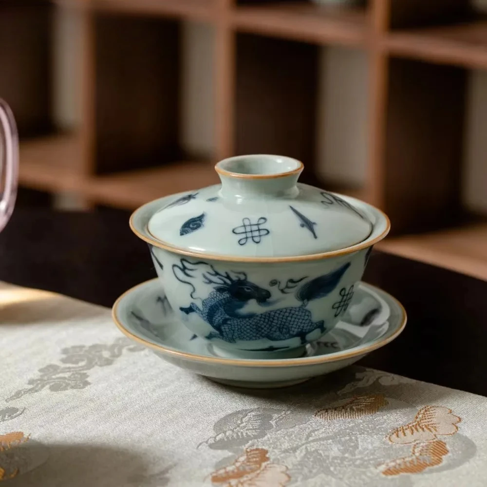 

150 мл Цзиндэчжэнь сине-белая керамическая крышка чаша небесно-зеленого цвета Ru фарфоровая чайная чаша Sancai с отверстием может повысить тонкое тело Gaiwan