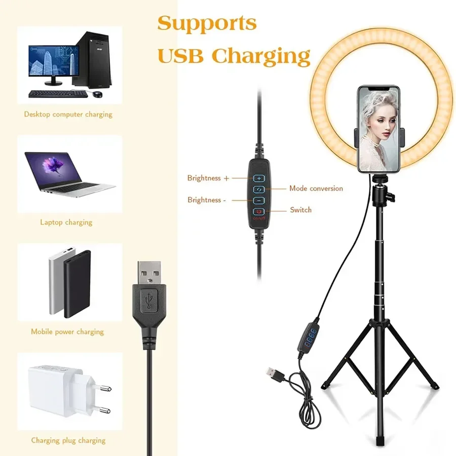 VIKEFON LED Ring Light USB Dimmable Photography Studio Fill Lamp With Tripod Stand & Remote Control for Tiktok Video Live Lamps