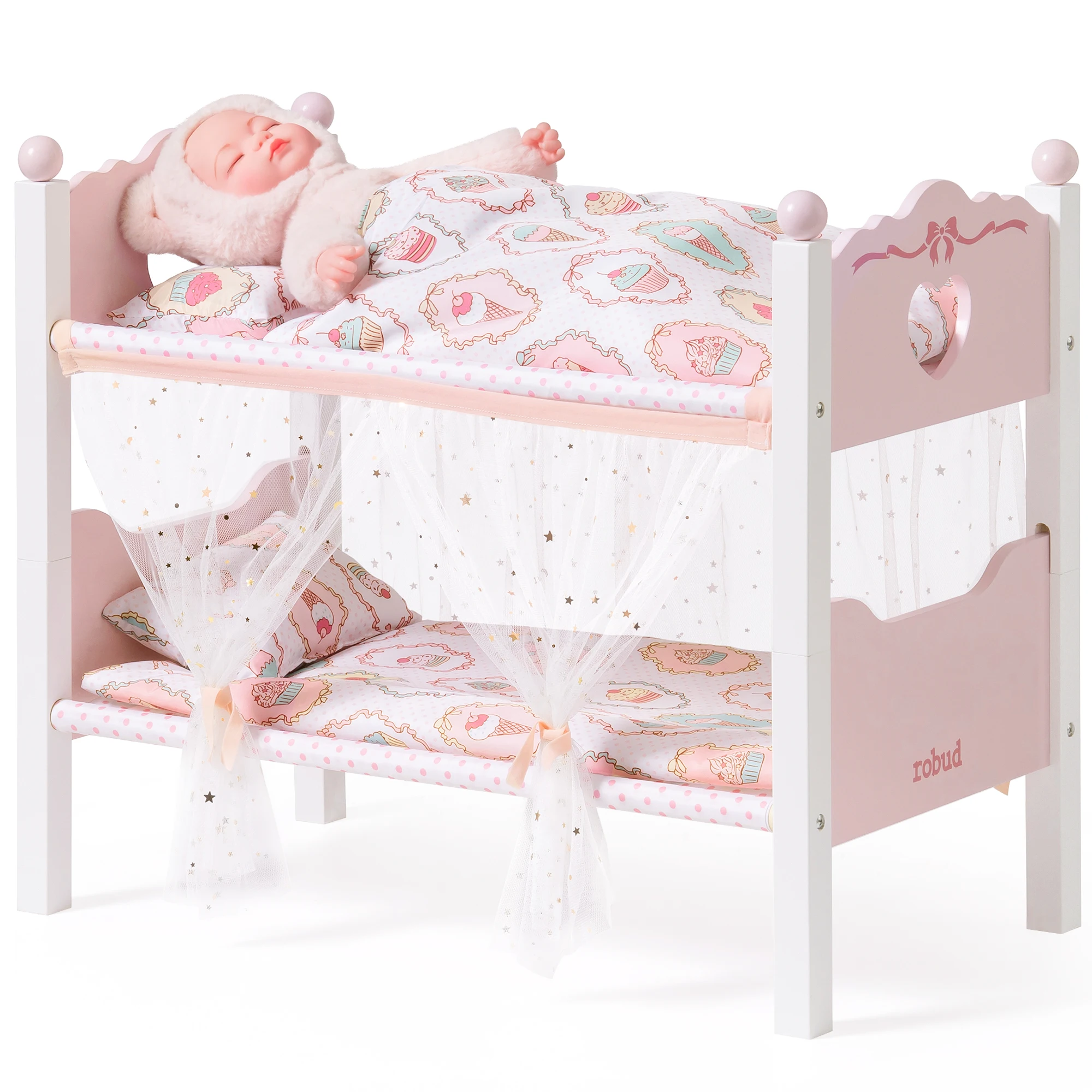 ROBUD Baby Doll Bunk Beds, Wooden Baby Doll Crib with Starry Curtain, Stackable Toy Crib for 18 Inch Dolls, Doll Bed Playset with Bedding Accessories, for Kids 3+ (Pink, 2 Pcs Beds)