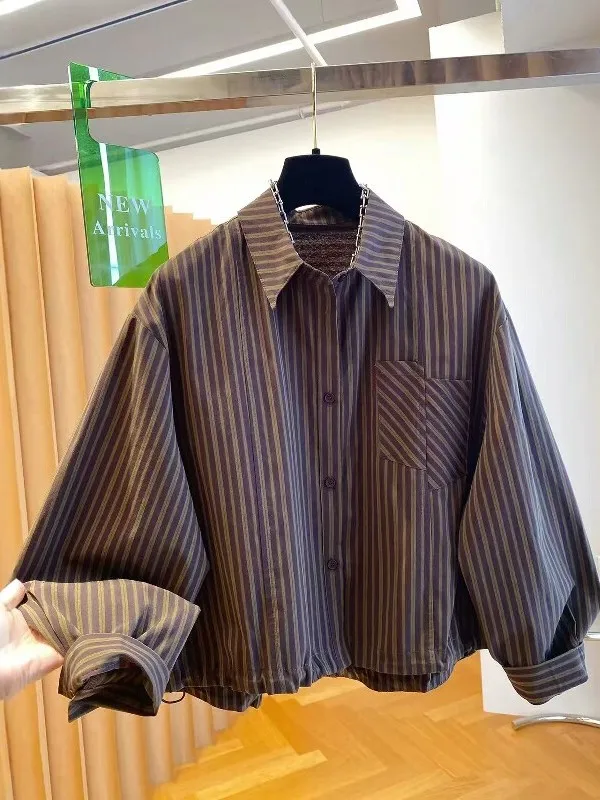 High-End Retro Striped Shirt Women's Short Style Drawstring Hem Long Sleeve Top Casual Loose Fit Summer Artistic Style