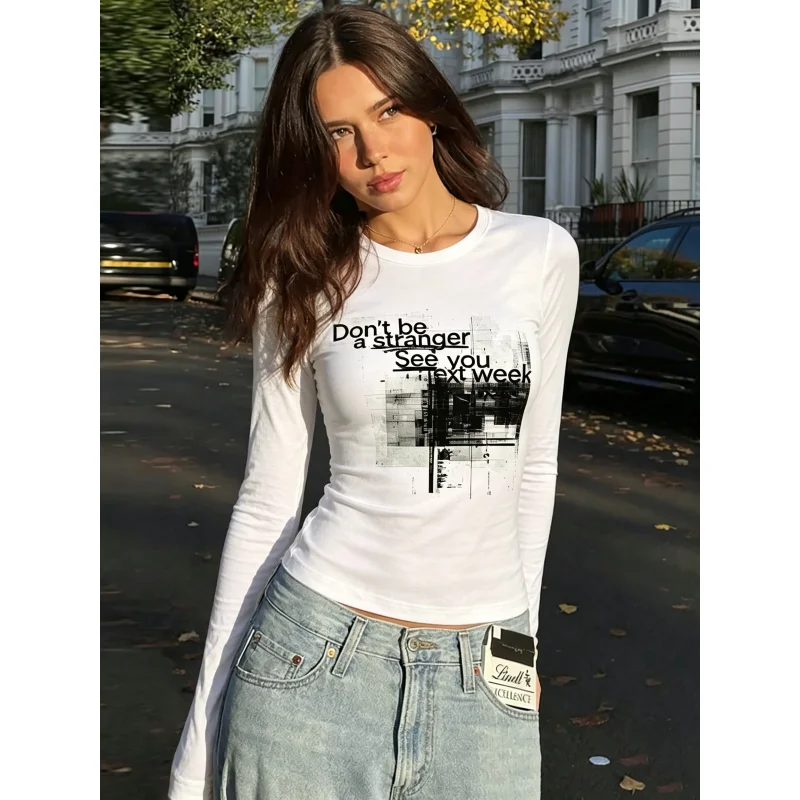 Y2K Vintage Gothic Print Women Long Sleeve Tee Trendy Street Fashion Casual Top